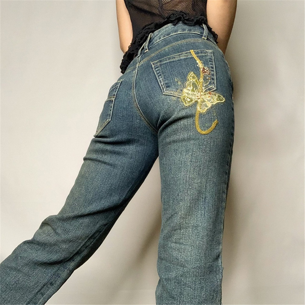 Quần Jeans Baggy Y2K Lưng Thấp Có Túi In Họa Tiết Bướm Retro Cho Nữ