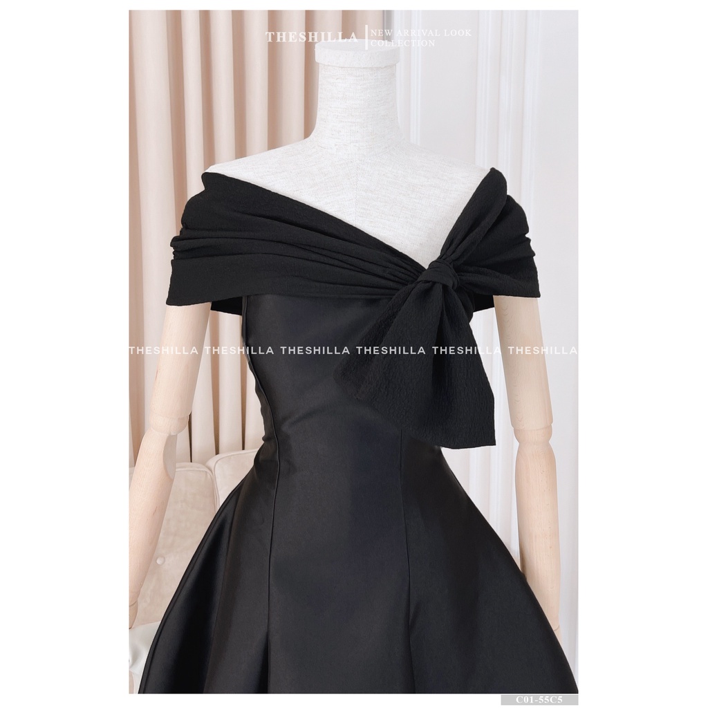 Váy thiết kế cao cấp màu đen lệch vai form xòe đính nơ ở ngực [ Có video + Ảnh thật ] The Shilla - C01-55C5