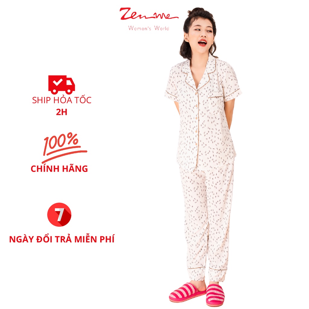 Đồ bộ pijama nữ Zen Me bộ mặc nhà tay cộc quần dài chất liệu Lụa giấy Luxury cao cấp - họa tiết trẻ trung hiện đại