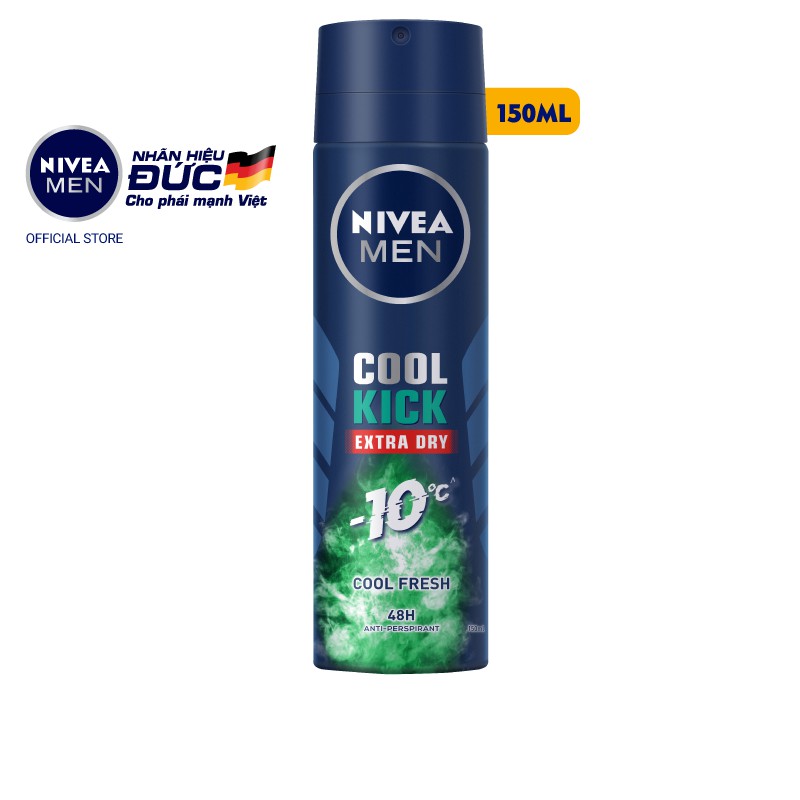 [Mã FMCGMALL -8% đơn 250K] Xịt ngăn mùi NIVEA MEN Cool Kick Mát Lạnh Thơm sảng khoái (150ml/chai) 83165