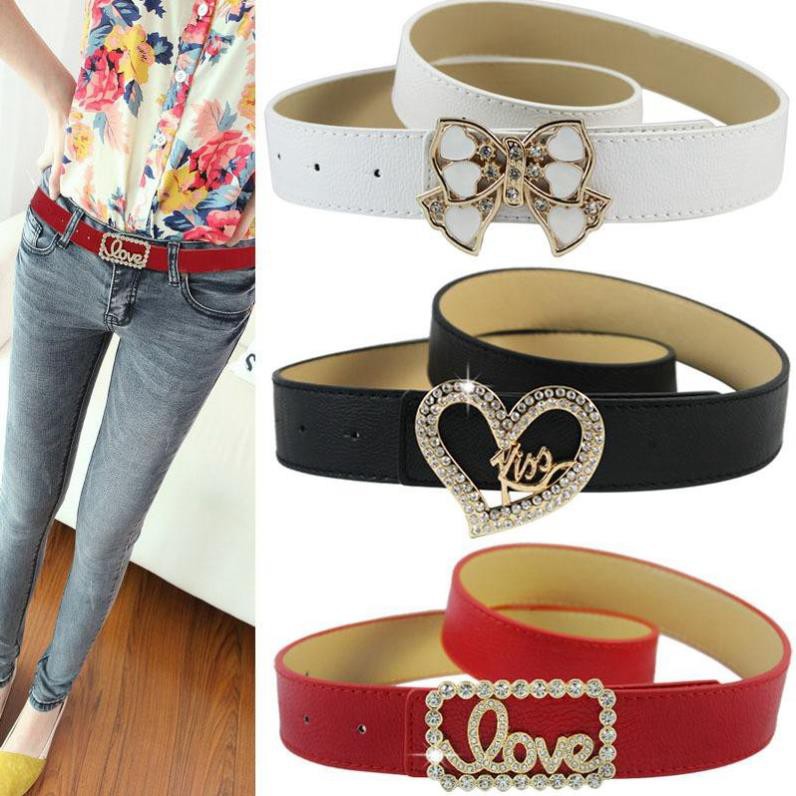 Thắt lưng thời trang 💓FREESHIP💓 Dây nịt cho nữ mặt đính đá chữ Love, da cao cấp mềm mại, nhiều hình dễ thương 7695