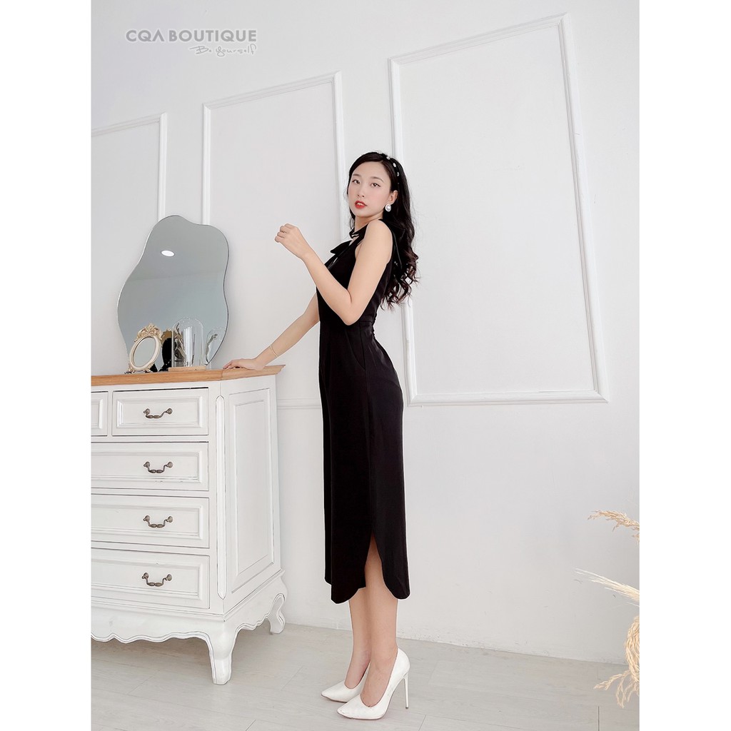 Jumsuit Ống Xuông Cổ V Dây Nơ Xẻ Tà CQA Boutique CQA0019 Màu Đen Xinh Xắn Chất Liệu Polyester Cao Cấp