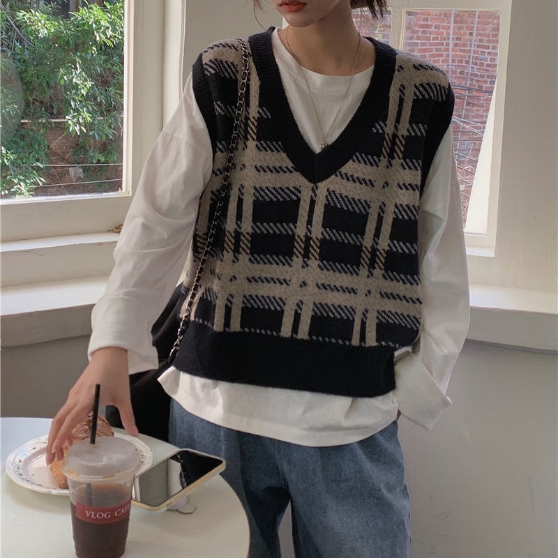 Áo không tay dệt kim dáng rộng cổ chữ V họa tiết kẻ ô thời trang mùa thu dành cho nữ | BigBuy360 - bigbuy360.vn