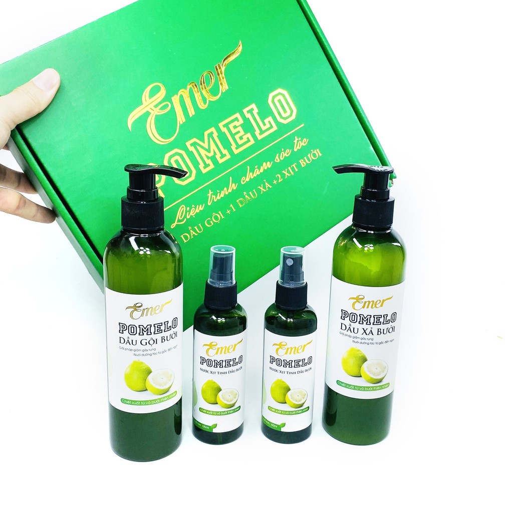 Liệu trình 1 dầu gội 1 dầu xả 2 xịt tinh dầu bưởi pomelo EMER kích mọc tóc Mỹ Phẩm Sỉ Emer
