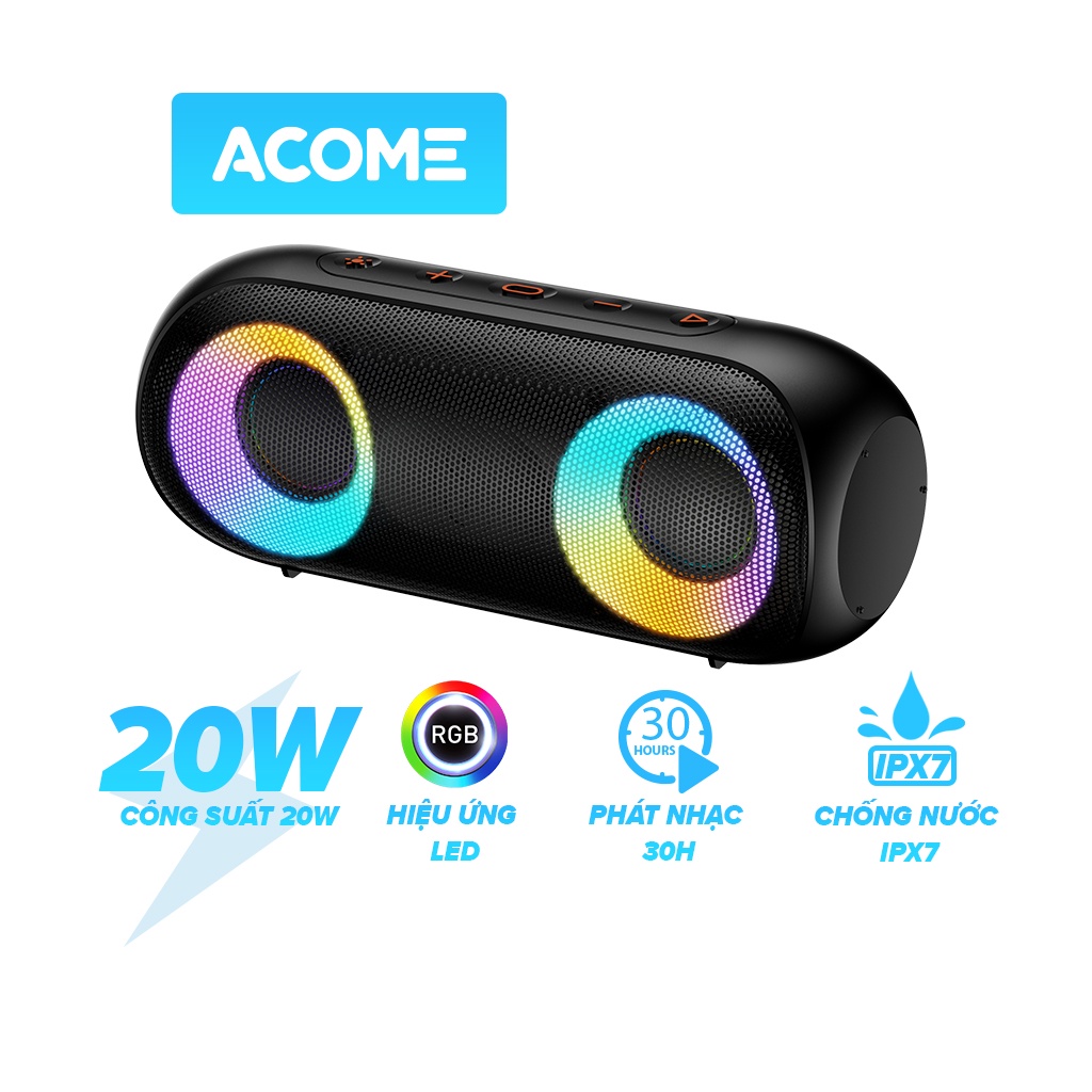 Loa Bluetooth ACOME A20 Công Suất 20W Hiệu Ứng LED RGB Chống Nước IPX7 30H Sử Dụng