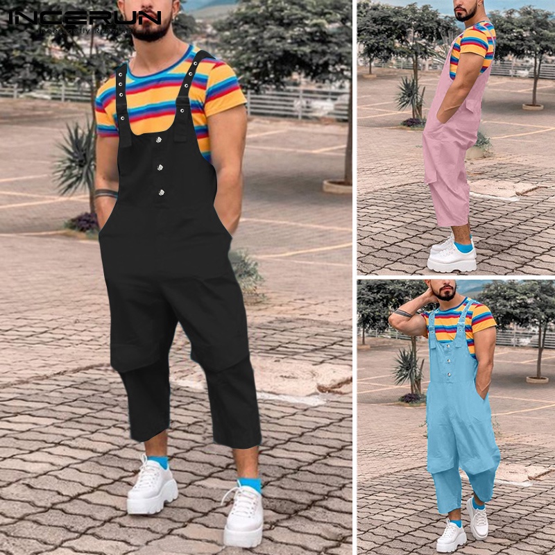 Jumpsuit INCERUN hai dây màu trơn có nhiều túi phong cách Châu Âu thời trang cho nam