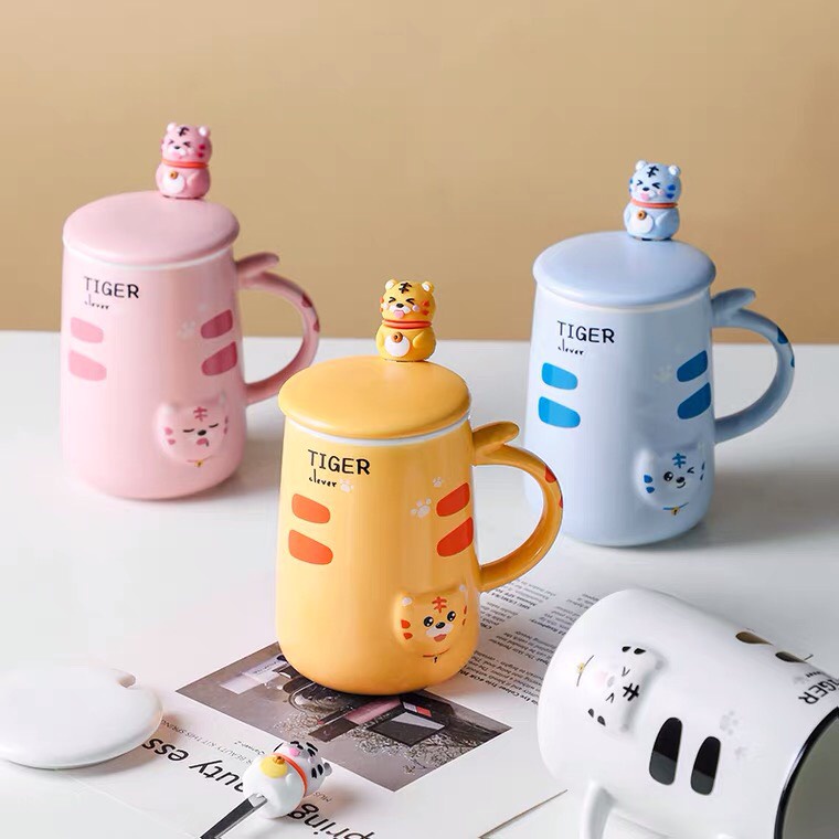 Cốc sứ, ly sứ Hổ 4 màu 400ml có nắp tặng kèm thìa thiết kế dễ thương làm quà tặng,cốc nước, cafe, sữa