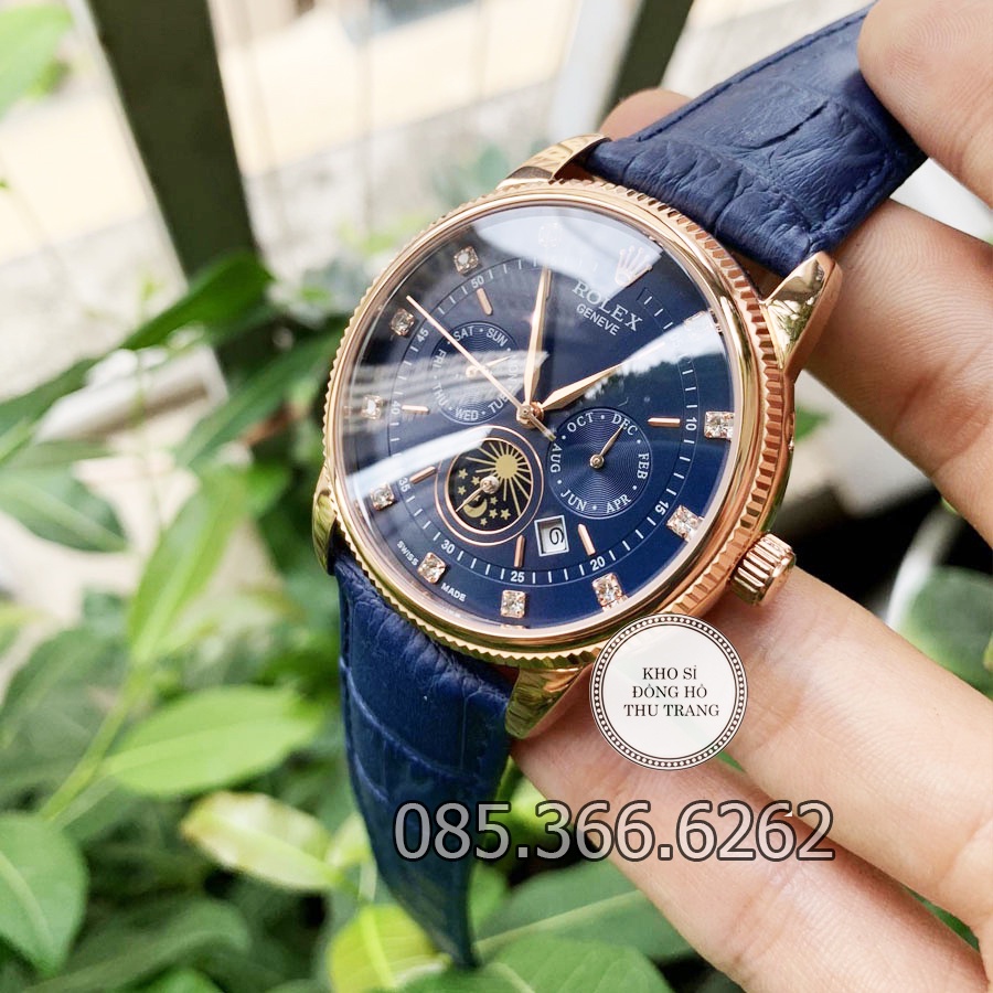 Đồng hồ nam Rolex máy Nhật mẫu 6 kim cơ Automatic xanh viền vàng dây da size 40-41mm