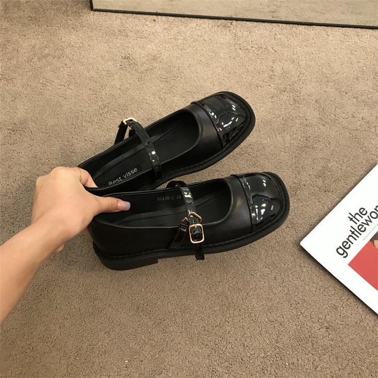 Giày Búp Bê Da Mũi Vuông Miệng Nông Kiểu Retro Pháp Thời Trang Xuân Thu