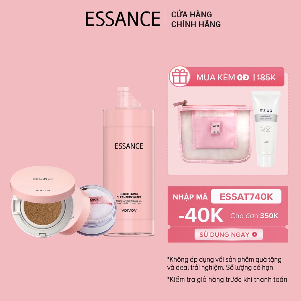 Combo trang điểm kiềm dầu Phấn nước Essance Cushion 15g, Phấn phủ Setting Powder 7g và Nước tẩy trang sáng da 290ml