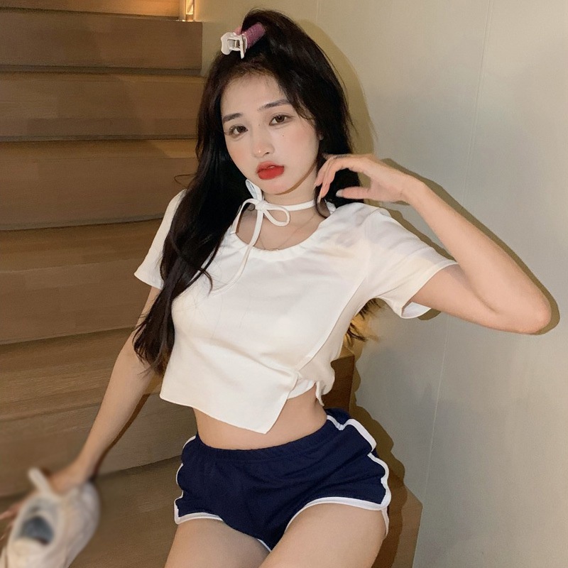 Áo Thun Crop Top Tay Ngắn Màu Trắng Thiết Kế Quyến Rũ Thời Trang Mùa Hè