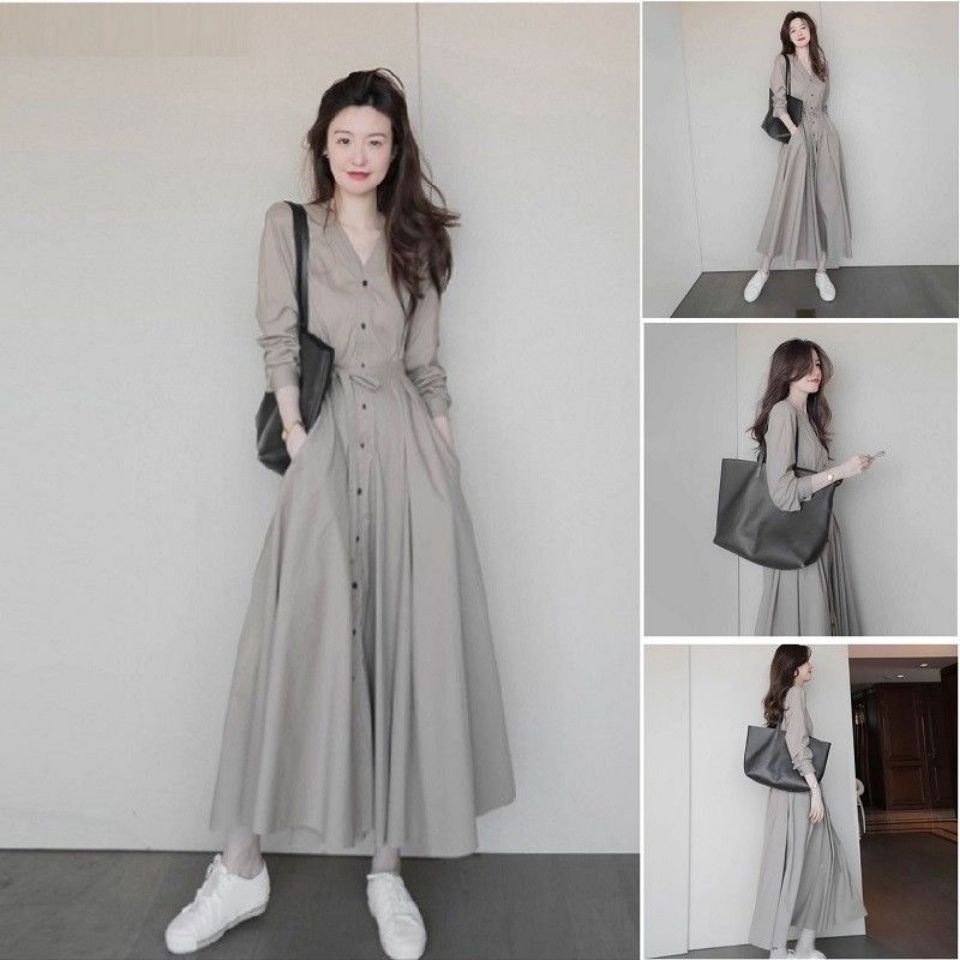 Đầm Dài Màu Xám Thiết Kế Chiết Eo Phong Cách Pháp Thời Trang Xinh Xắn Cho Nữ