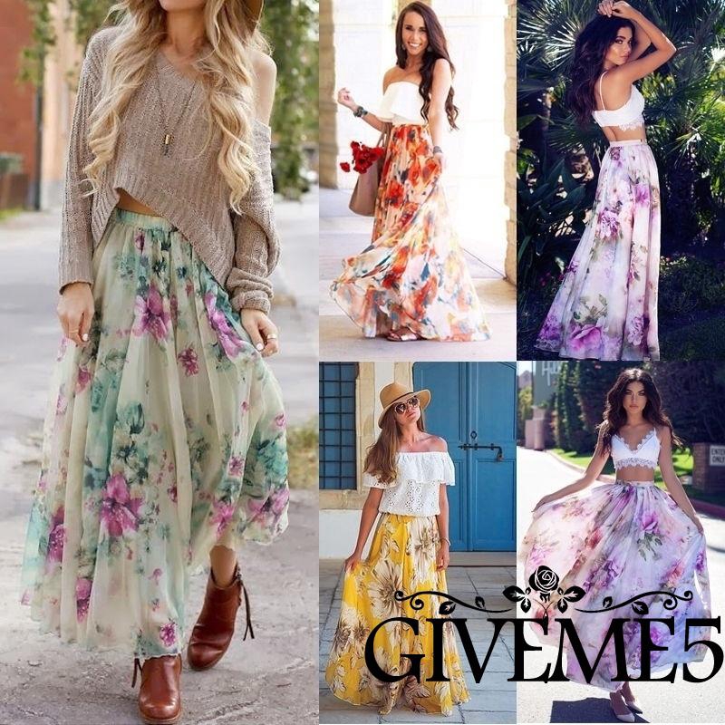 Chân váy maxi chiffon in hoa thời trang