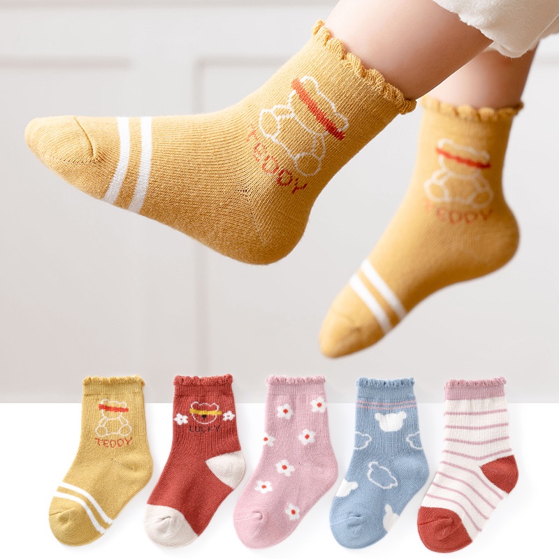 Set 5 Đôi Vớ Cotton Cổ Vừa Họa Tiết Hoa Và Gấu Dễ Thương Cho Bé Gái KokoroCare MF-09 2022 S / M / L 1-8 Tuổi