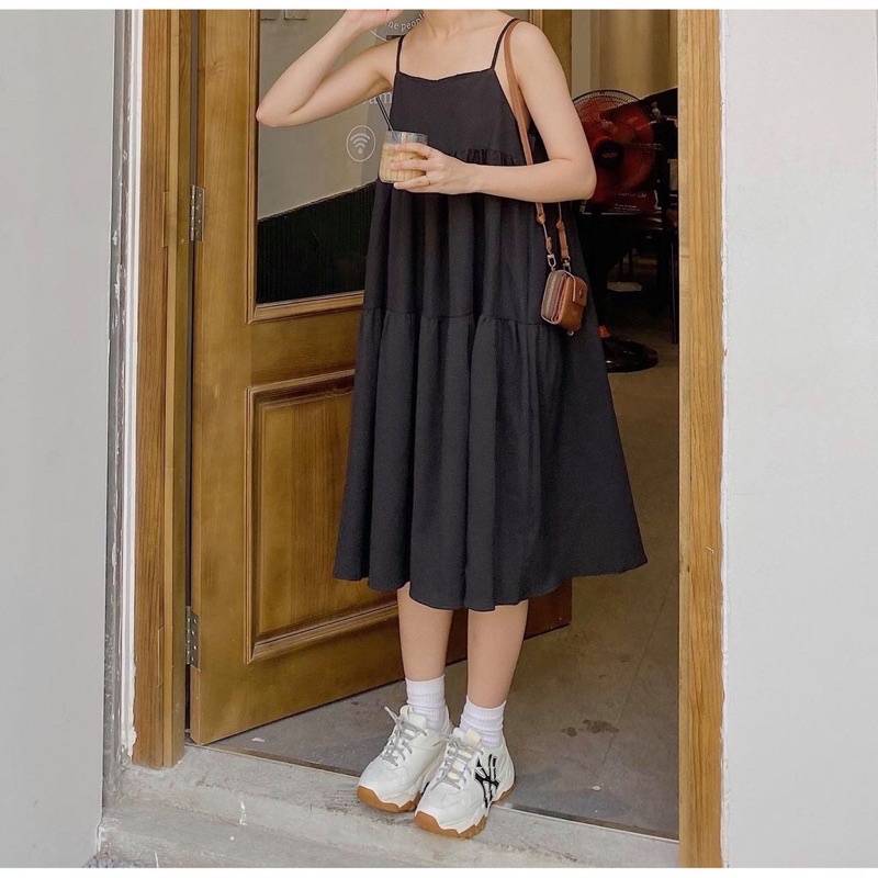 Váy babydoll hai dây dáng dài chất đũi chữ A , Đầm suông dáng xòe Vintage