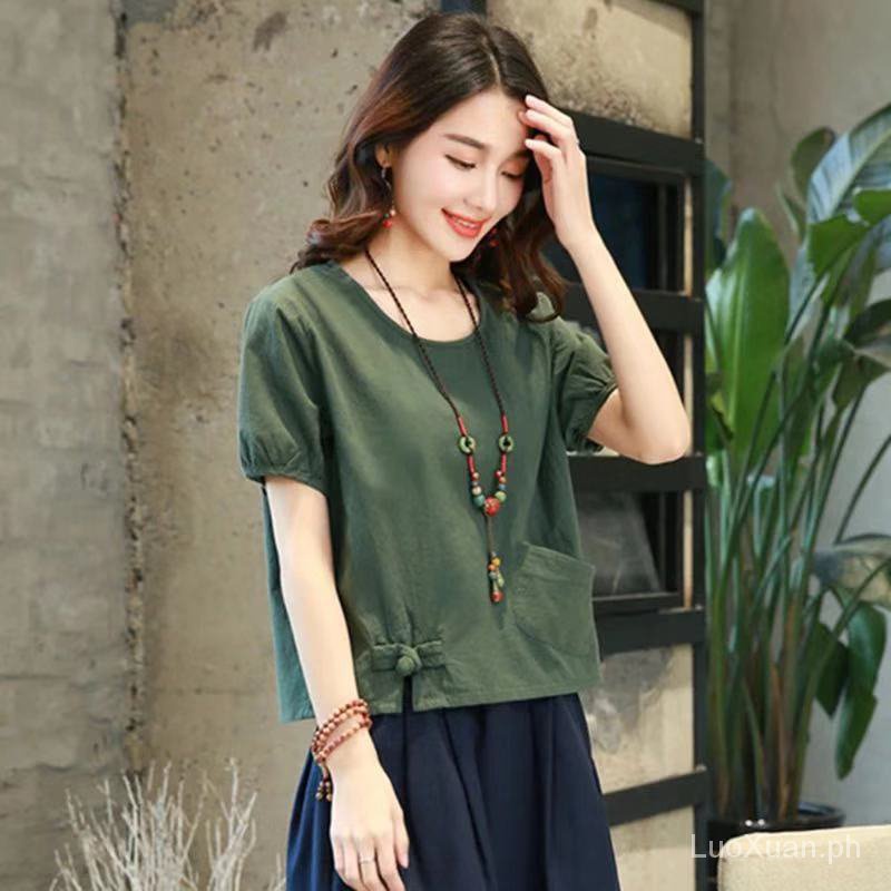 Áo Thun Cotton Lanh Mỏng Dáng Rộng Ngắn Tay Thời Trang Hàn Quốc Cho Nữ