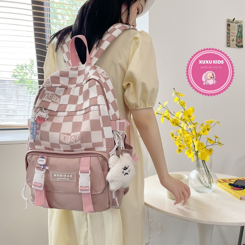 Balo nữ đi học đẹp thời trang giá rẻ dễ thương, cặp đi học nữ kẻ nhiều ngăn đựng laptop chống nước cao cấp Xu Xu Kids