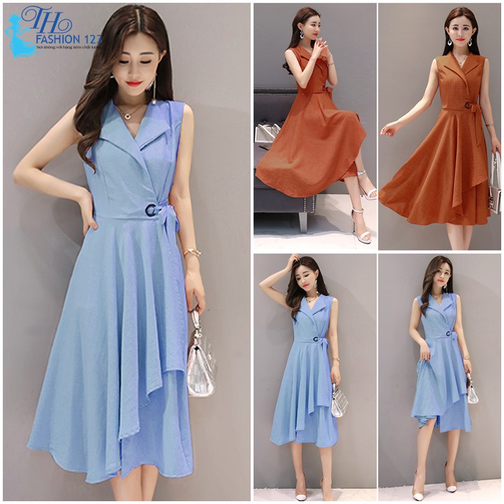 Đầm nữ đầm dự tiệc dáng xoè váy cao cấp sát nách phối dây nơ eo màu xanh và màu cam