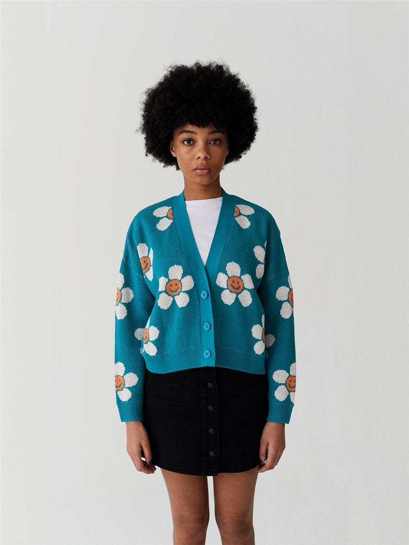 Áo khoác cardigan len dáng ngắn in hình hoa hướng dương mặt cười dễ thương cho nữ | BigBuy360 - bigbuy360.vn