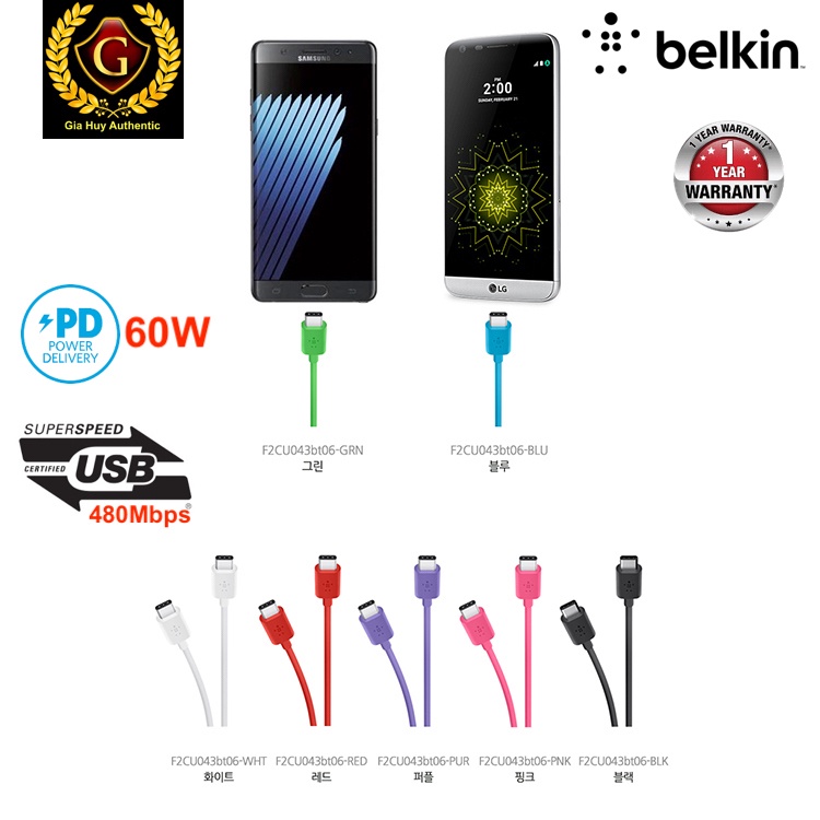 Cáp sạc nhanh BELKIN F2CU041bt06 MIXIT↑™ USB-C™ to USB-C PD 60W chiều dài 1.8m