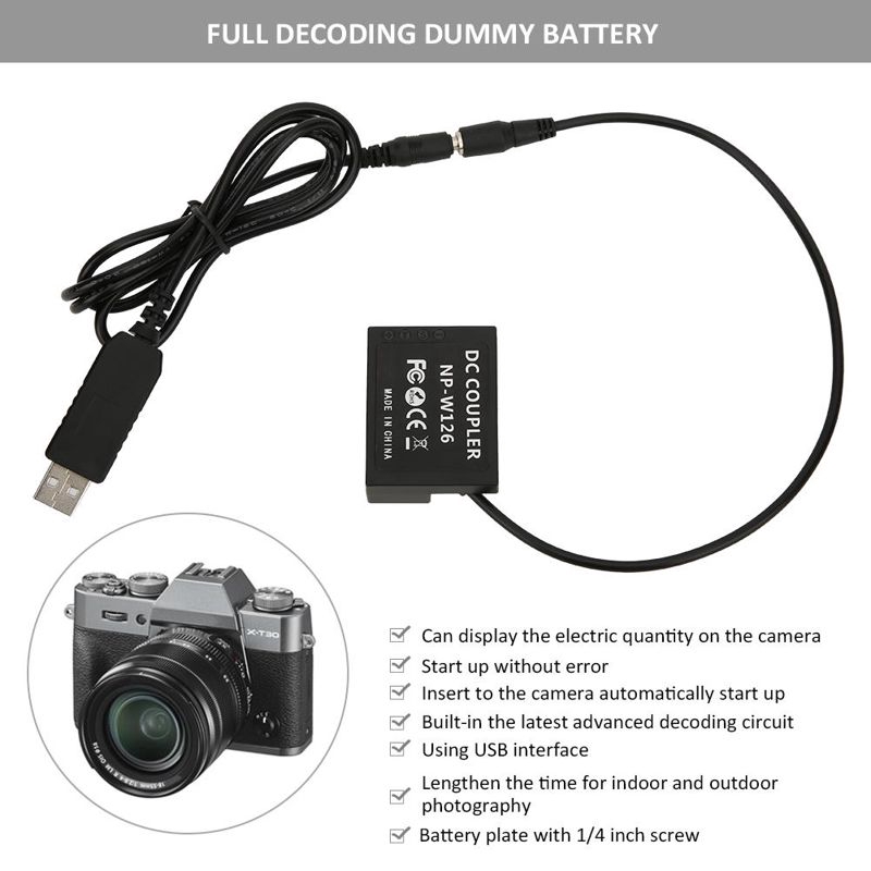 Pin Dummy USB sang NP-W126 cho camera Fujifilm X-T1 X-T2 X-T3 X-T10 X-T20 X-T30 X-Pro1 X-Pro2 X-Pro3