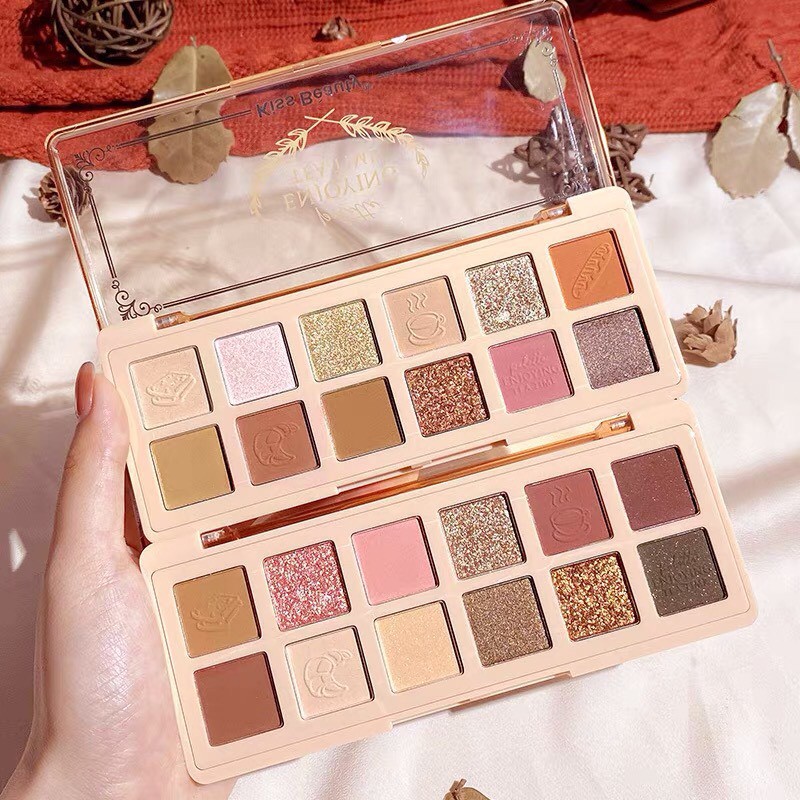 Bảng mắt trà chiều 12 màu KISS BEAUTY tông cam đào hồng đất Enjoy Tea Time Eyeshadow Palette xinh xắn hot trend KISS11