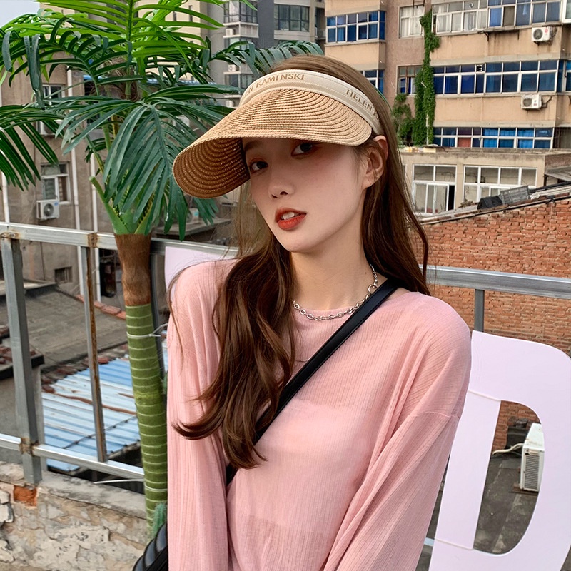 Nón Cói Đi Biển Hở Đầu Vòng Màu Kem Phối Chữ Kiểu Hàn