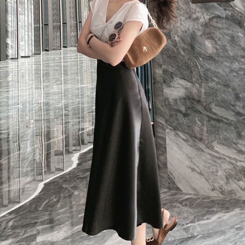Chân Váy Lụa Dáng A Satin Bóng 2 Màu Đen/Nude