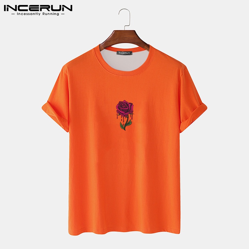 Áo thun INCERUN ngắn tay in hình hoa hồng thời trang thường ngày phong cách đơn giản cho nam