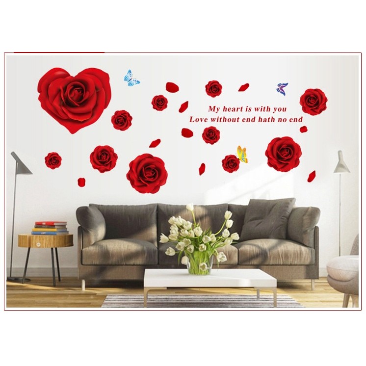 Decal dán tường Hoa hồng trái tim đỏ - DH001 - PVC vinyl cao cấp