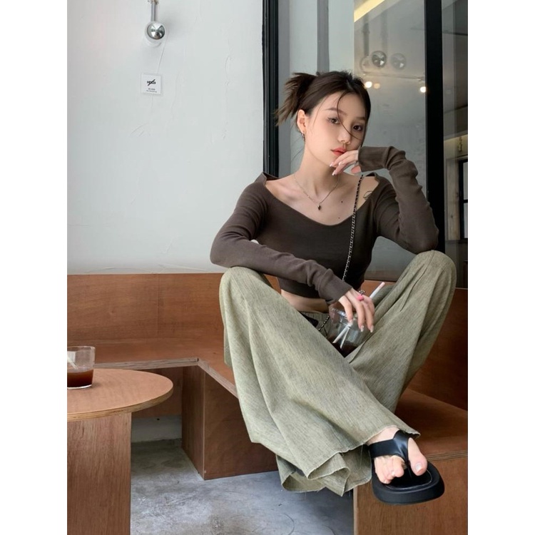 QADCOL  Set Áo Thun Lửng Dài Tay Và Quần Dài Ống Rộng Thời Trang Dành Cho Nữ
