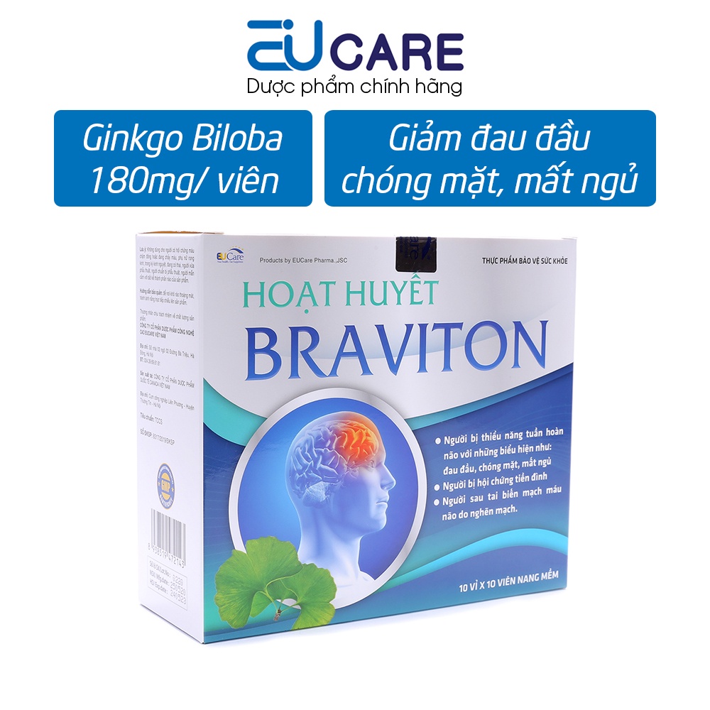 Hoạt huyết Braviton ginkgo biloba, lạc tiên, đinh lăng giảm đau đầu, chóng mặt, mất ngủ - 100 viên
