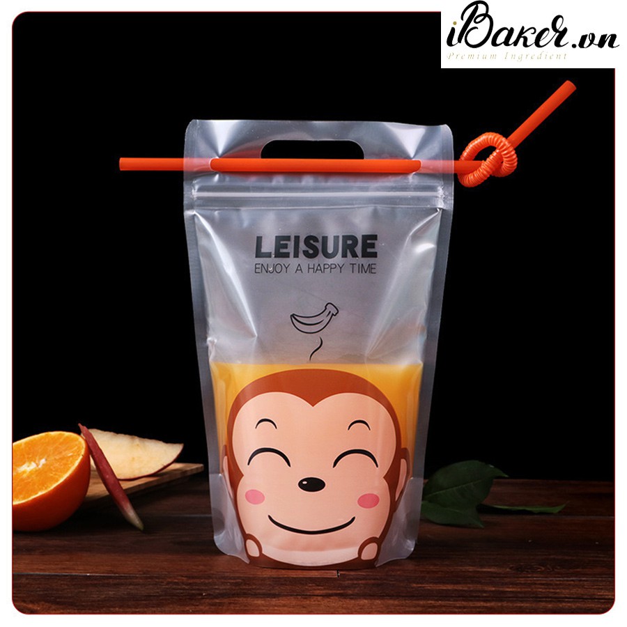 Túi đựng trà sữa kèm ống hút - Hình chú khỉ (xấp 10 cái)