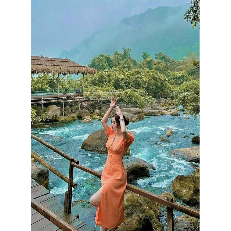 Váy đầm dự tiệc,đi biển,dạo phố cổ bèo nút bấm xẻ tà tiểu thư vintage_cosomi