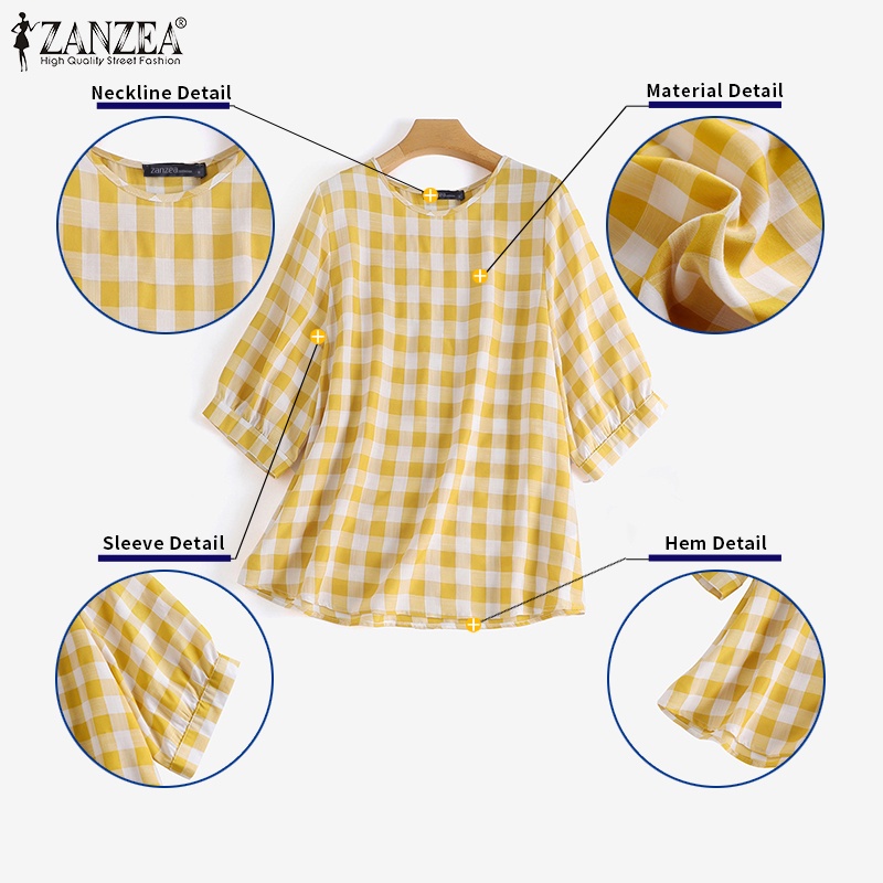 Zanzea Áo Kiểu Tay Lỡ 3 / 4 Họa Tiết Ca Rô Phong Cách Hàn Quốc Dành Cho Nữ