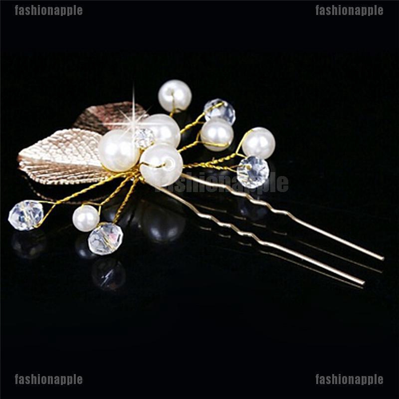 Set 4 trâm cài tóc hình lá kết ngọc trai và hạt đá giả thanh lịch đẹp mắt cho cô dâu