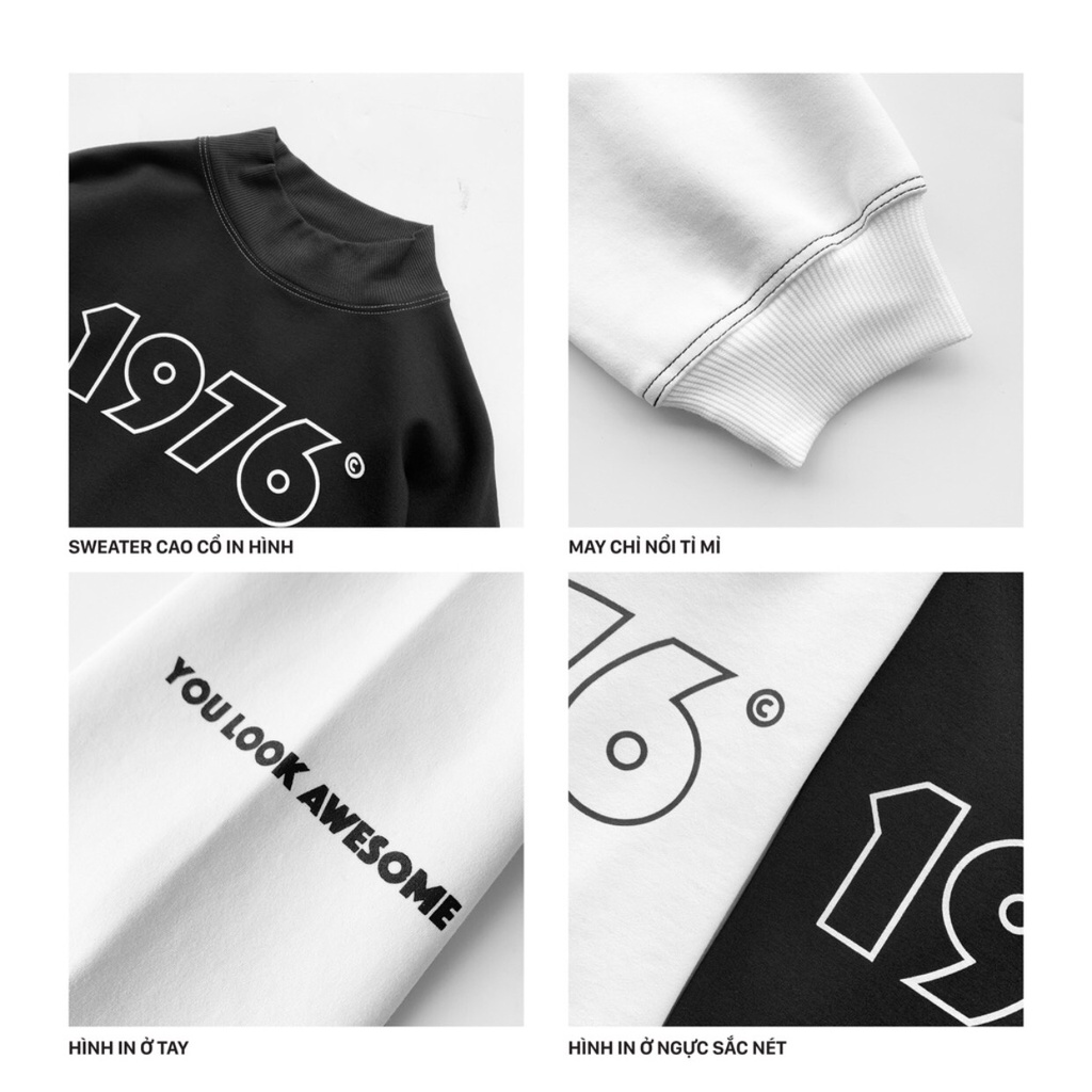 Áo Sweater 1976 Jiang Store áo sweater unisex cổ cao form rộng in hình 1976