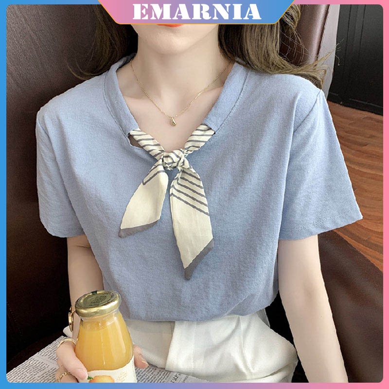 Áo Thun Cotton Lụa Trơn Tay Cộc Thắt Nơ Phong Cách Hàn Quốc Thời Trang Mùa Hè Cho Nữ