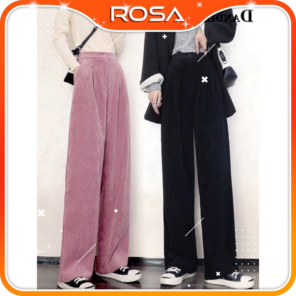 Quần ống rộng nữ dài chất nhung tăm cạp khóa trước thời trang ROSA BOUTIQUE
