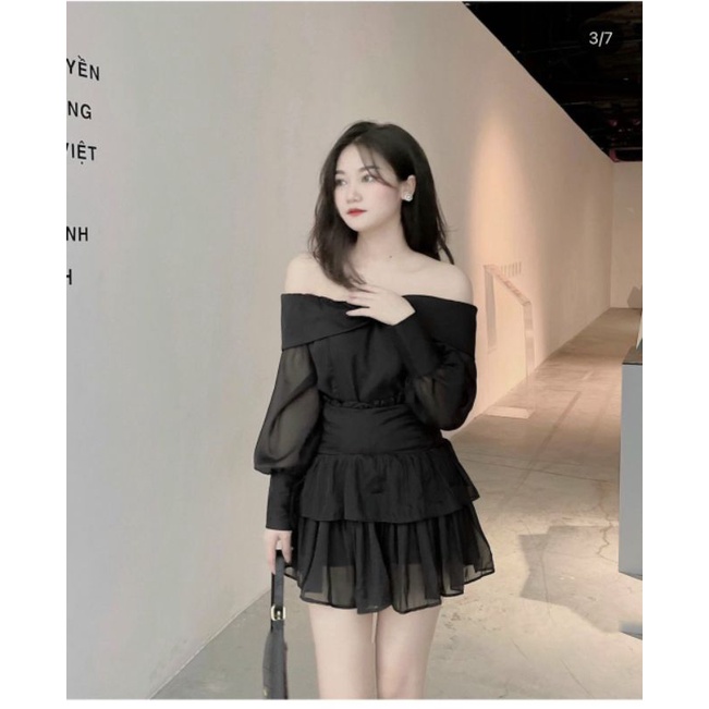 Set áo voan kèm chân váy xoè bẹt vai