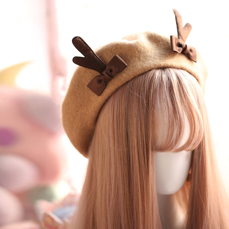 Mũ Beret Len Hình Sừng Hươu Dễ Thương Thời Trang Đường Phố