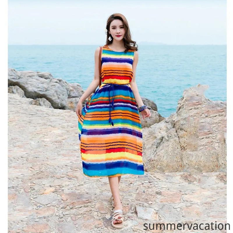 Váy Đi Biển Đầm Maxi Hoa Women's Long Beach Midi Dresses Rainbow Multi Color Printed Plus Size Korean Fashion Bohemian Chiffon Double Layer