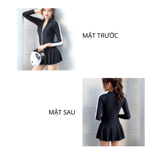 Bikini 1 mảnh liền thân khóa kéo tay dài phối viền trắng KONKUN MS15-ĐEN