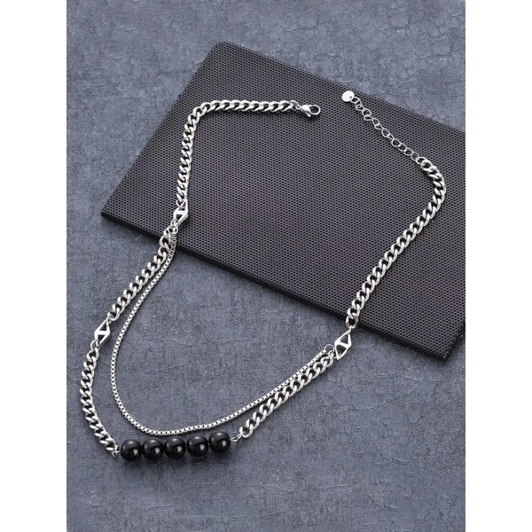 Vòng cổ xếp lớp trang trí hạt bằng thép titan không gỉ - Dây chuyền unisex cho nam nữ
