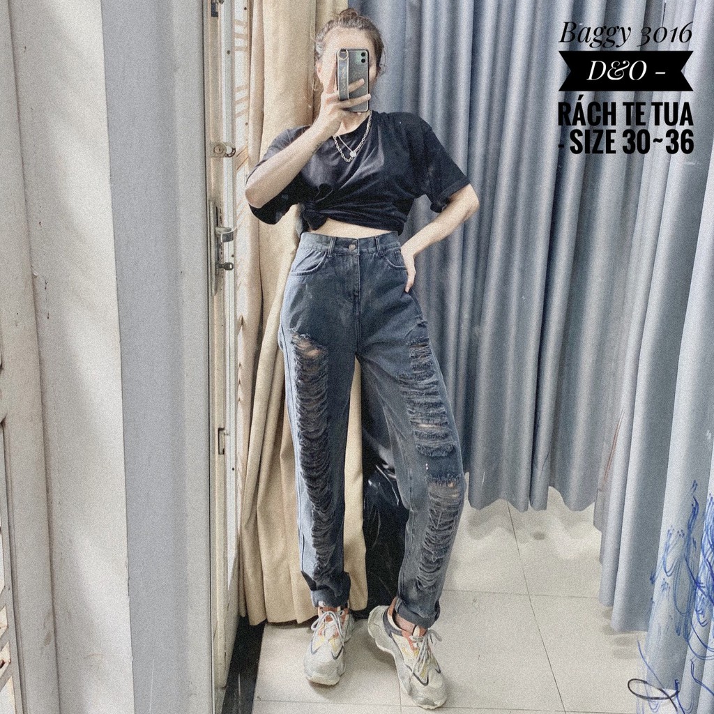 [Bigsize 53-92kg] Quần Baggy Boyfriend Lưng Cao Trên Rốn, Rách Te Tua, Xám Tây Màu Siêu Đẹp