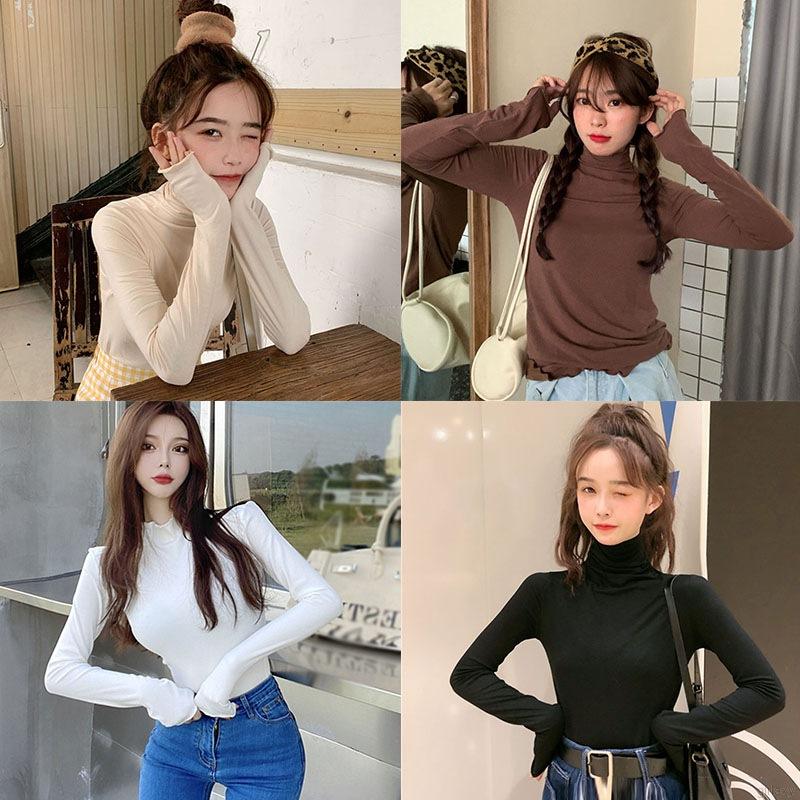 Áo thun cổ lọ tay dài màu trơn kiểu dáng đơn giản phong cách Hàn Quốc dễ phối đồ