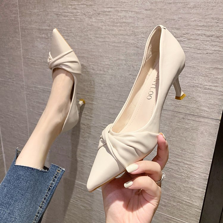 A203 giầy cao gót mũi nhọn chất da mềm nơ xoắn thời trang