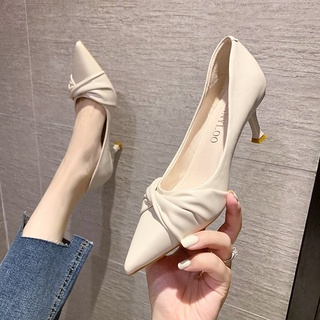 A203 giầy cao gót mũi nhọn chất da mềm nơ xoắn thời trang