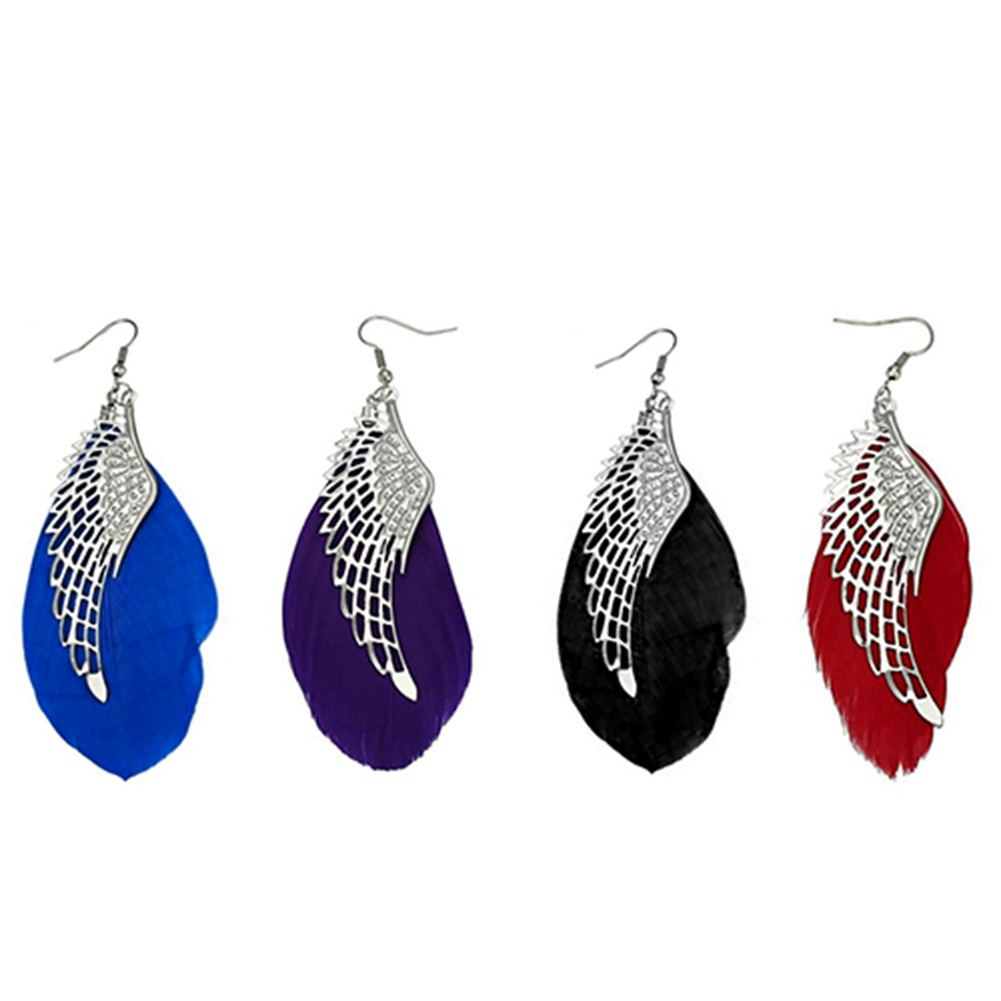 Khuyên tai làm thủ công bằng lông vũ phối mặt hình đôi cánh kim loại