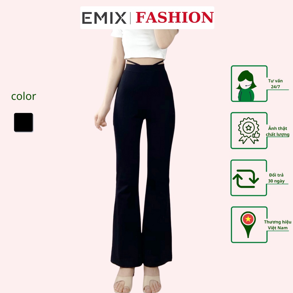 Quần ống loe dây đan cá tính tôn vòng 2 EMIX (màu đen), basic, dáng dài 95cm, cạp cao, vải thun cotton co giãn  Q820